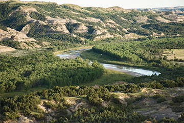 A scenic landscape in North Dakota with natural formations